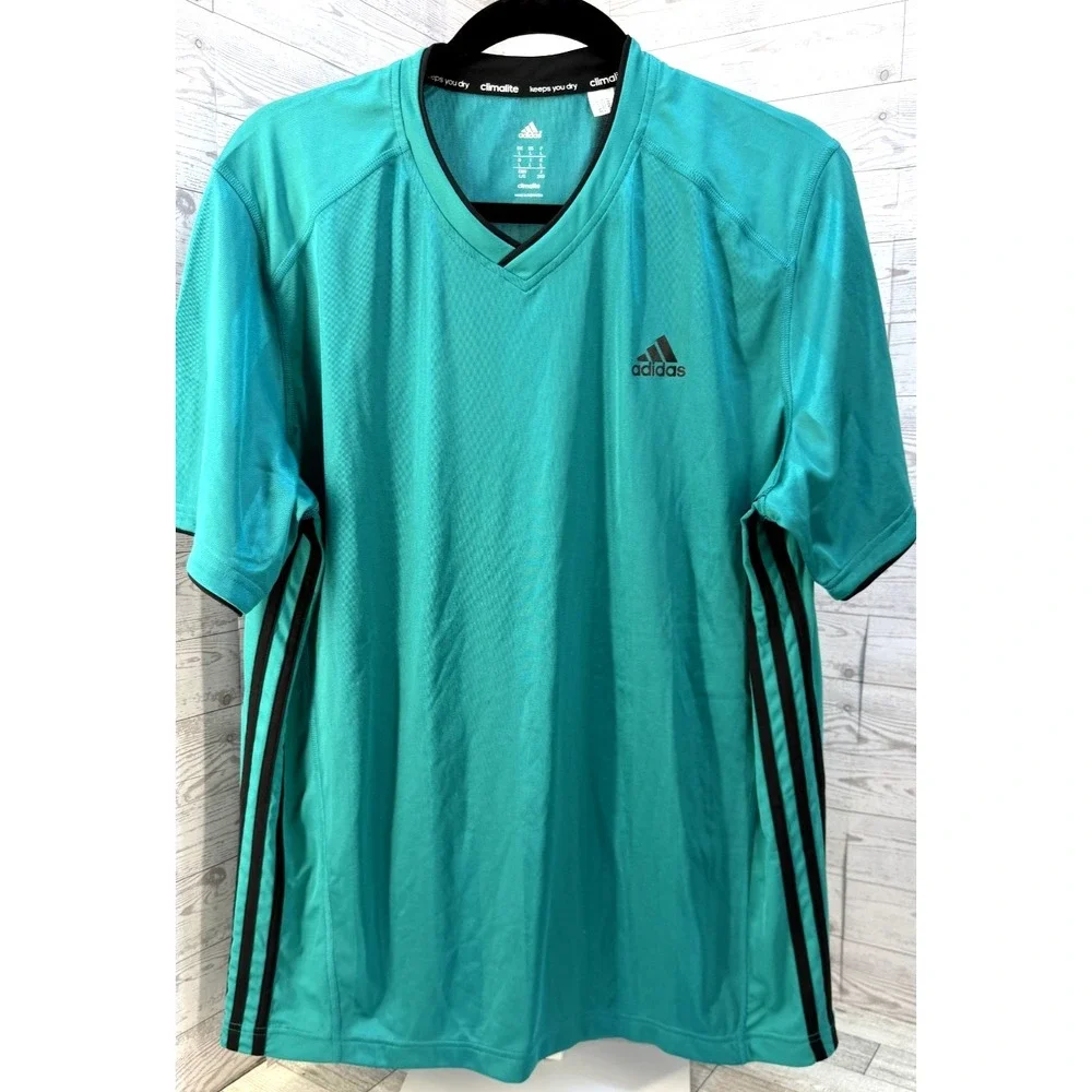 Adidas Men's V-Neck Short Sleeve Striped Top Climalite Green & Black LARGE